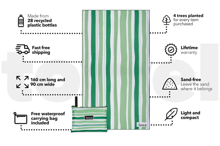 Green and white striped recycled beach towel, 160cm long and 90cm wide, displayed with matching compact carrying bag