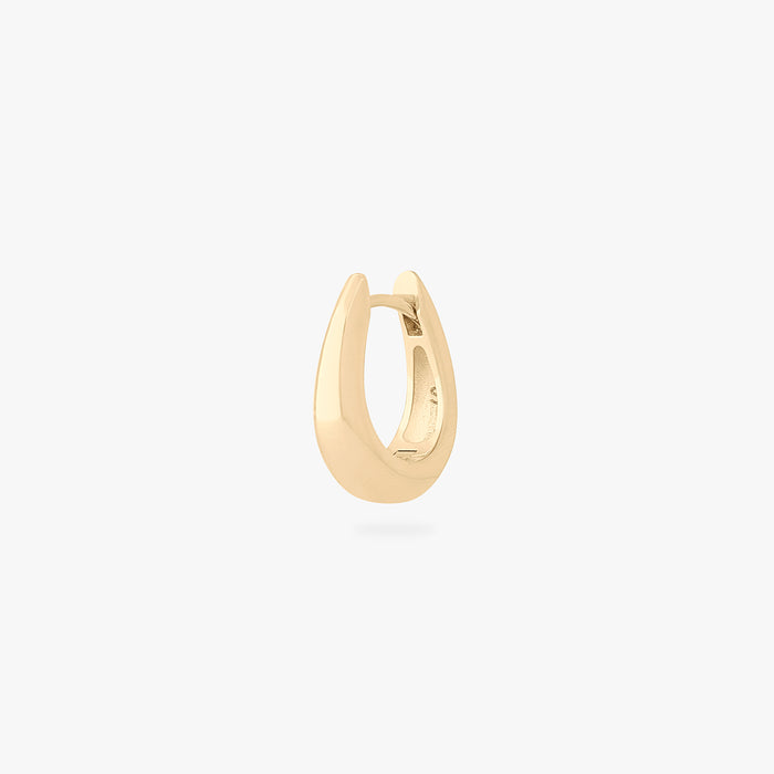 This is an image of a gold-toned, small, crescent shaped huggie. color:null|gold