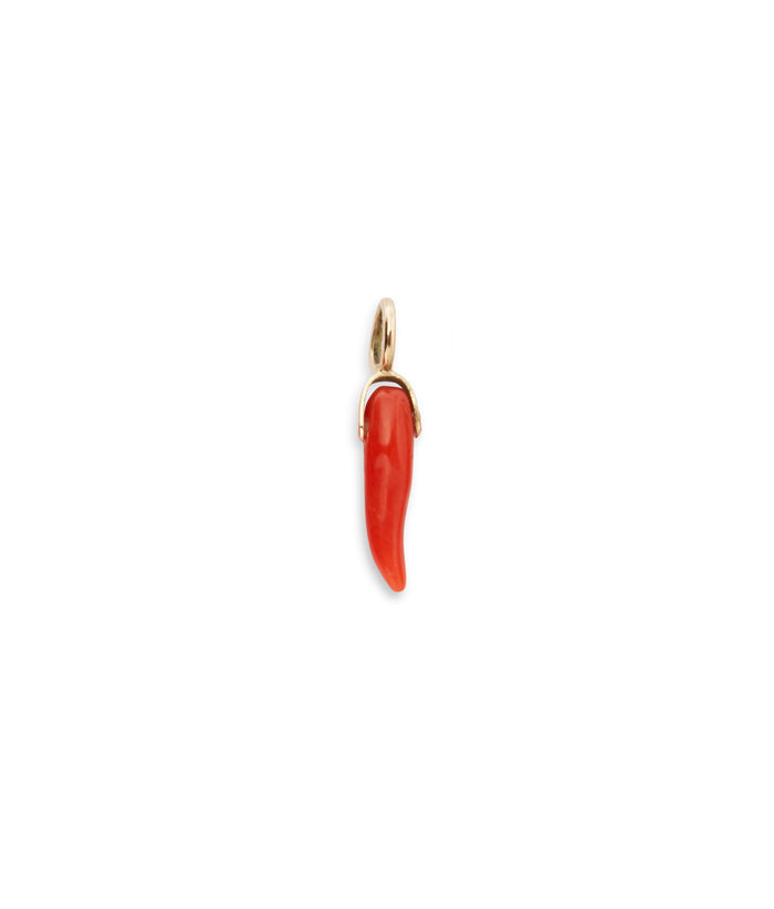 Dark Red Coral Horn 14K Necklace Charm. Dark red coral horn necklace charm with 14k gold bale and ring.
