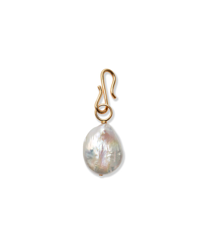 Deep Dive Charm. Organic oval-shaped freshwater pearl with gold ring and s-hook.