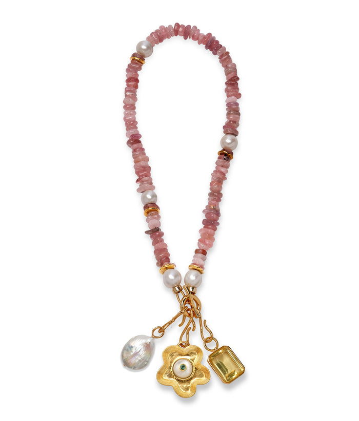 Strawberry quartz bead necklace with Deep Dive Charm, Nana Pendant and Candyland Charm