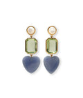 Demy Earrings in Azul. Gold-plated brass, mother-of-pearl tops, green quartz baguettes, and carved blue angelite hearts.