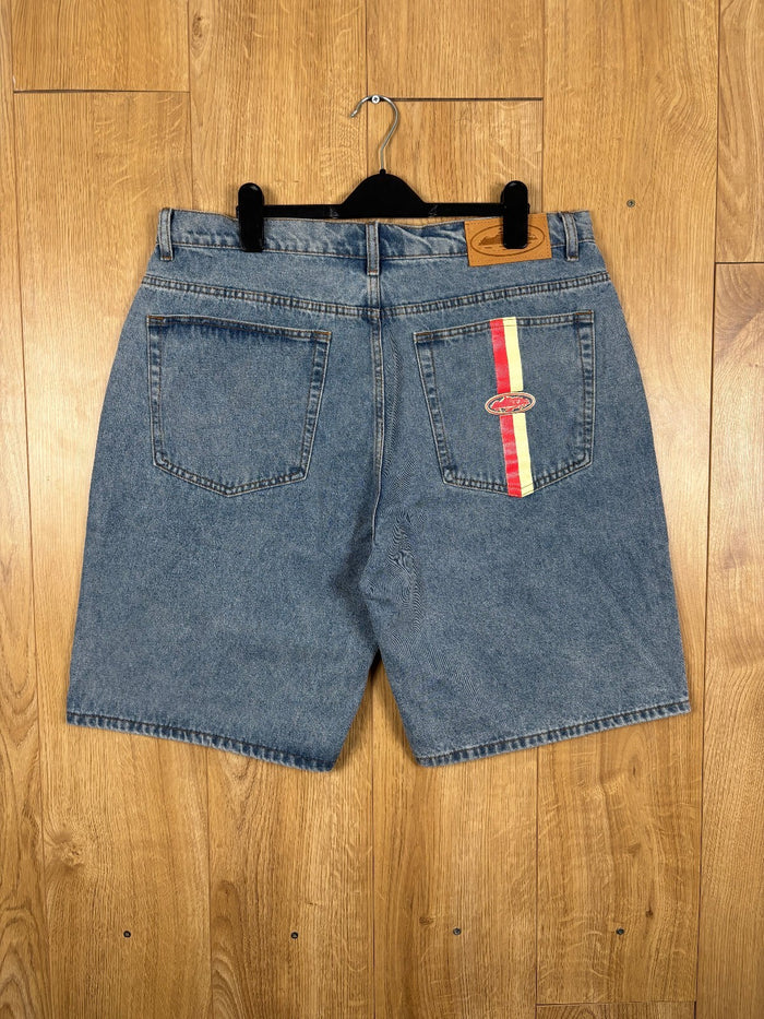 Denim Genes Blue Baggy Denim Shorts Red & Cream Stripe Pocket Detail