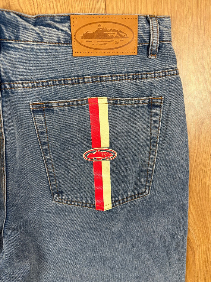 Denim Genes Blue Baggy Denim Shorts Red & Cream Stripe Pocket Detail
