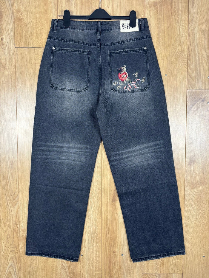 Derschutze Koi Fish Embroidered Washed Black Straight Leg Jeans W30