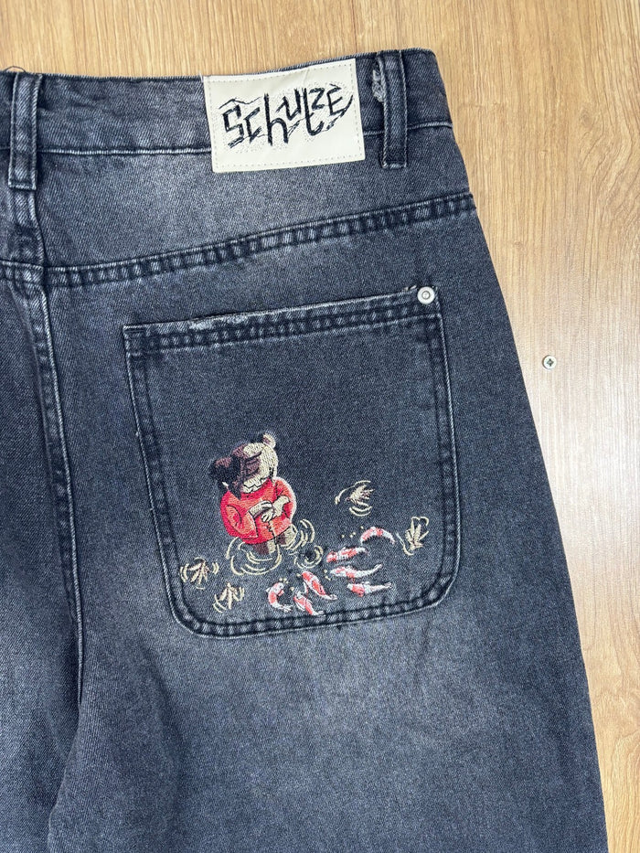 Derschutze Koi Fish Embroidered Washed Black Straight Leg Jeans W30
