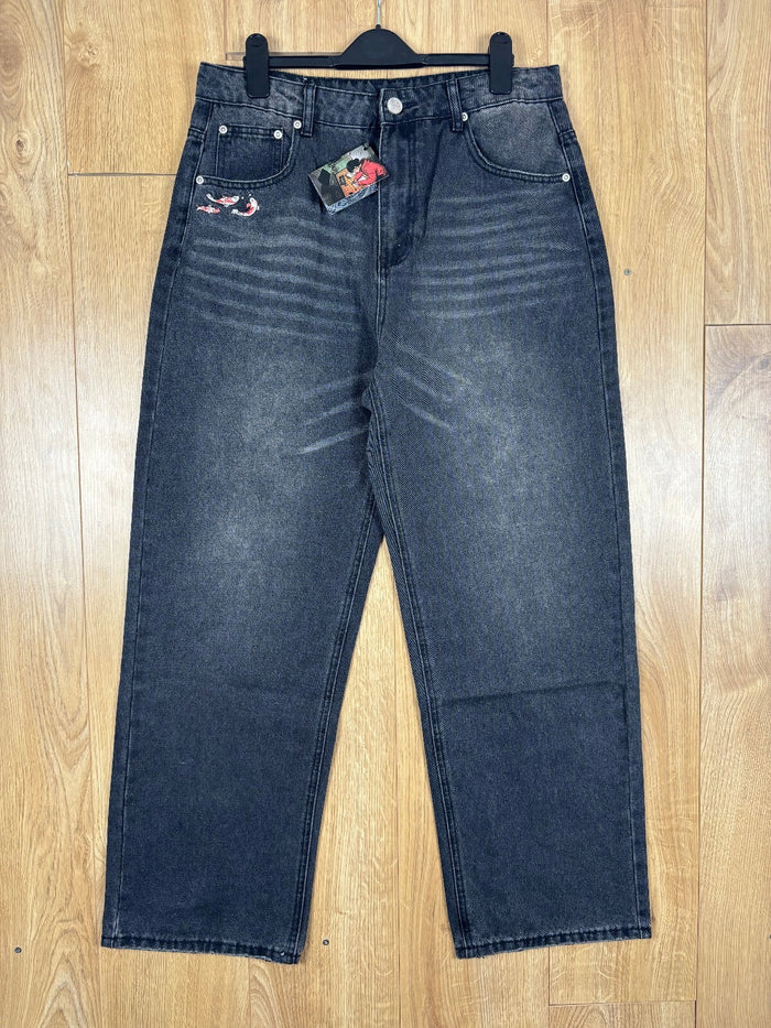 Derschutze Koi Fish Embroidered Washed Black Straight Leg Jeans W30
