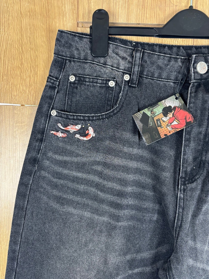Derschutze Koi Fish Embroidered Washed Black Straight Leg Jeans W30