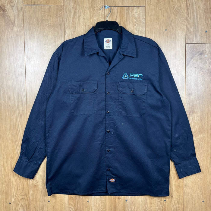 Dickies Work Shirt Large Navy Long Sleeve L Embroidered Logo Utility