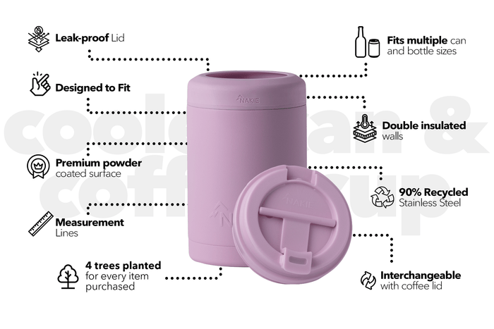 Dusty pink insulated can cooler with leak-proof lid and measurement lines, shown with removable lid displayed separately