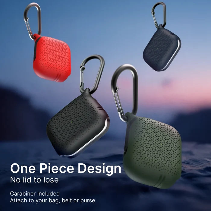 Three textured, square-shaped Catalyst Case US AirPods Pro (Gen 3/2/1) Waterproof Cases with included carabiners—in red, dark blue, and dark green—float above a water and mountain backdrop. No lid to lose. Carabiner for easy attachment.