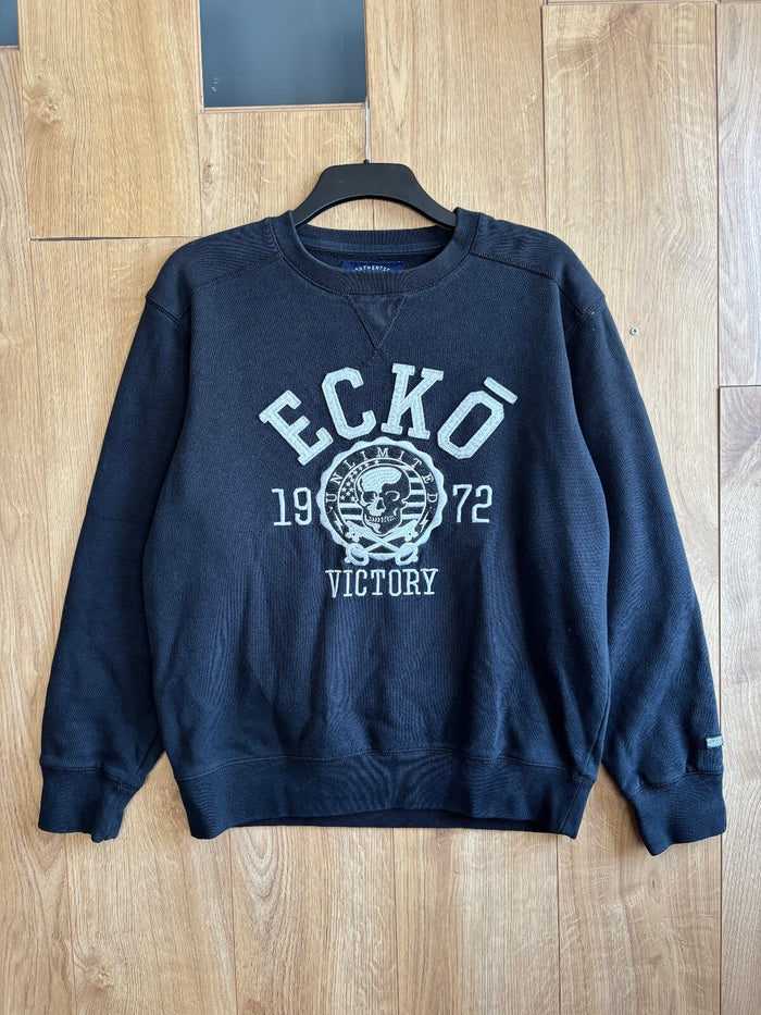 Ecko Unltd Black Embroidered Graphic Sweatshirt Jumper Men's Medium Skull Y2K