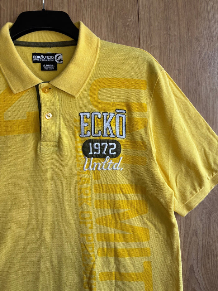 Ecko Unltd Yellow Polo Shirt Mens Large 1972 Embroidered Graphic Cotton Y2K