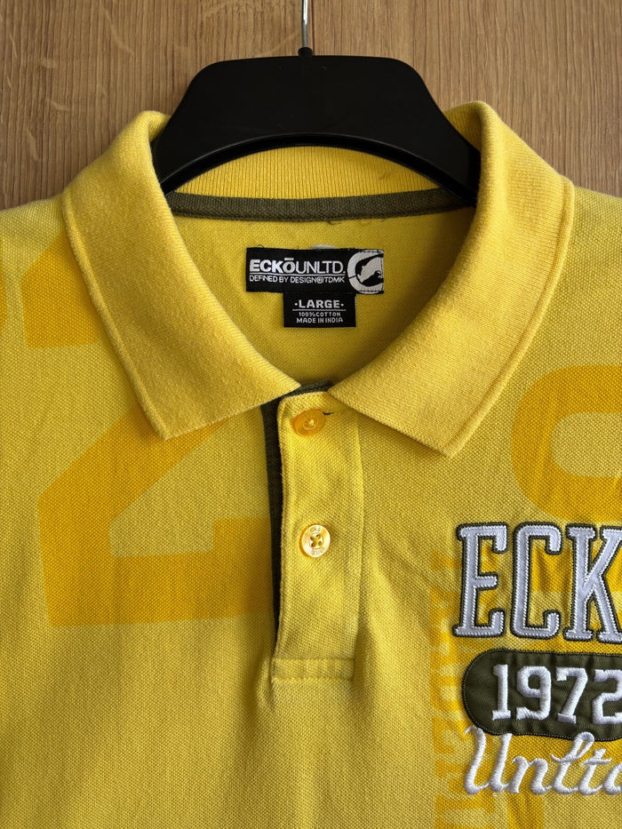 Ecko Unltd Yellow Polo Shirt Mens Large 1972 Embroidered Graphic Cotton Y2K