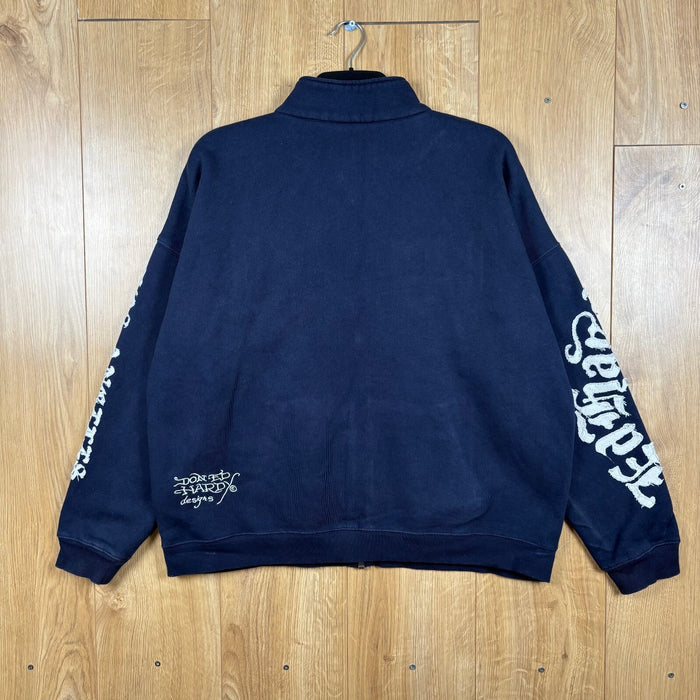 Ed Hardy 1971 Full Zip Sweatshirt Navy Chenille Spell Out Jacket Size M