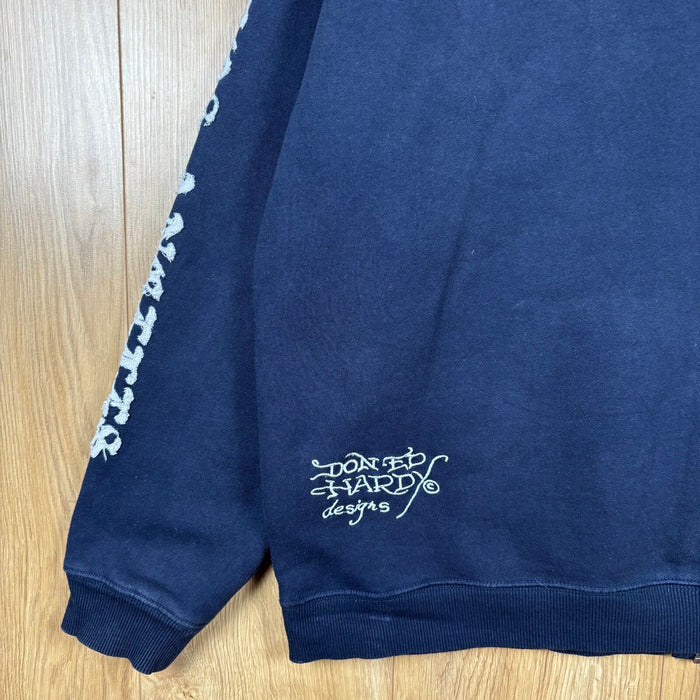 Ed Hardy 1971 Full Zip Sweatshirt Navy Chenille Spell Out Jacket Size M
