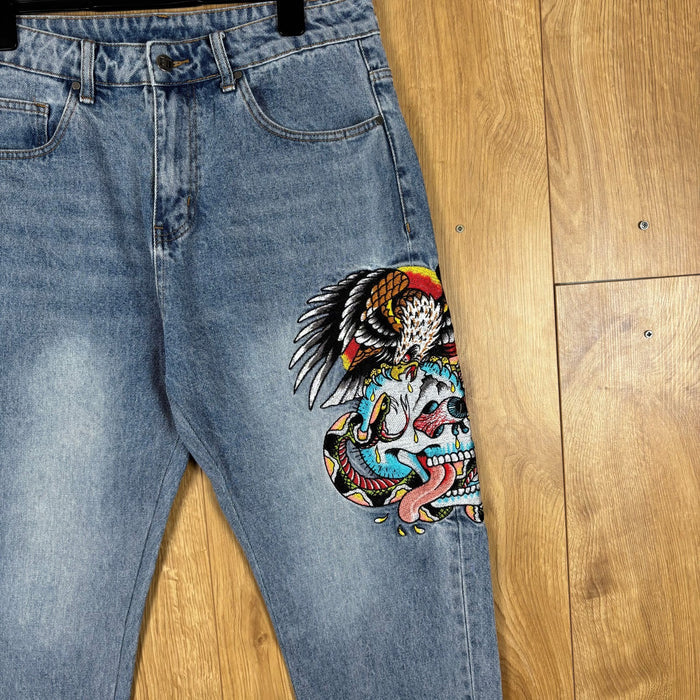 Ed Hardy Baggy Embroidered Jeans Light Blue Skull Eagle Snake Y2K Denim Mens M