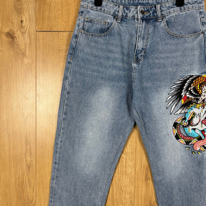 Ed Hardy Baggy Embroidered Jeans Light Blue Skull Eagle Snake Y2K Denim Mens M
