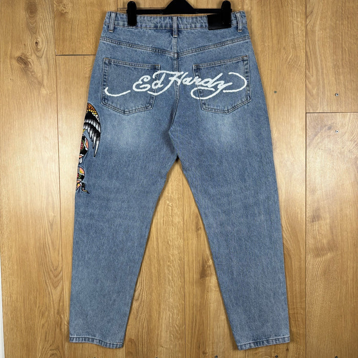 Ed Hardy Baggy Embroidered Jeans Light Blue Skull Eagle Snake Y2K Denim Mens M