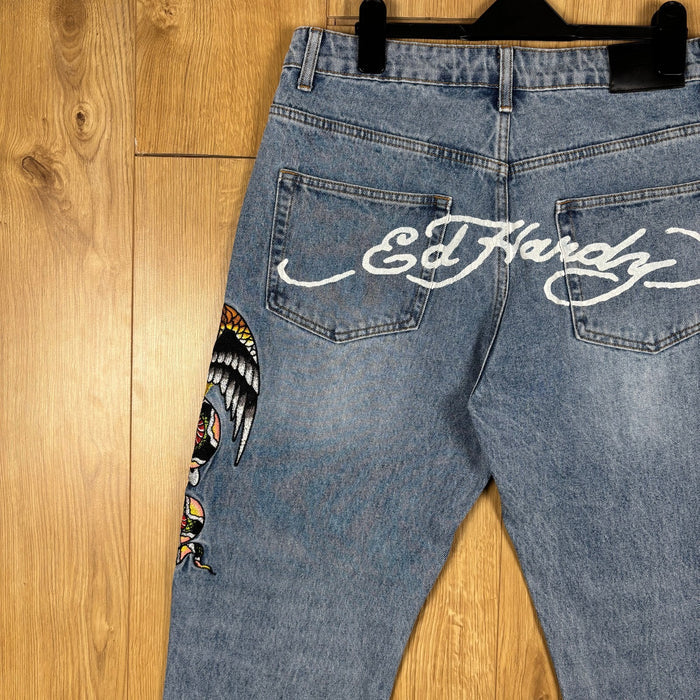 Ed Hardy Baggy Embroidered Jeans Light Blue Skull Eagle Snake Y2K Denim Mens M