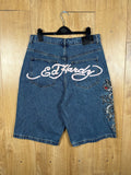 Ed Hardy Denim Shorts Blue Embroidered Dragon Graphic Baggy Size L