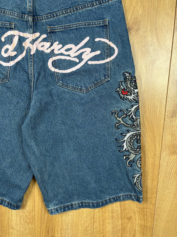 Ed Hardy Denim Shorts Blue Embroidered Dragon Graphic Baggy Size L
