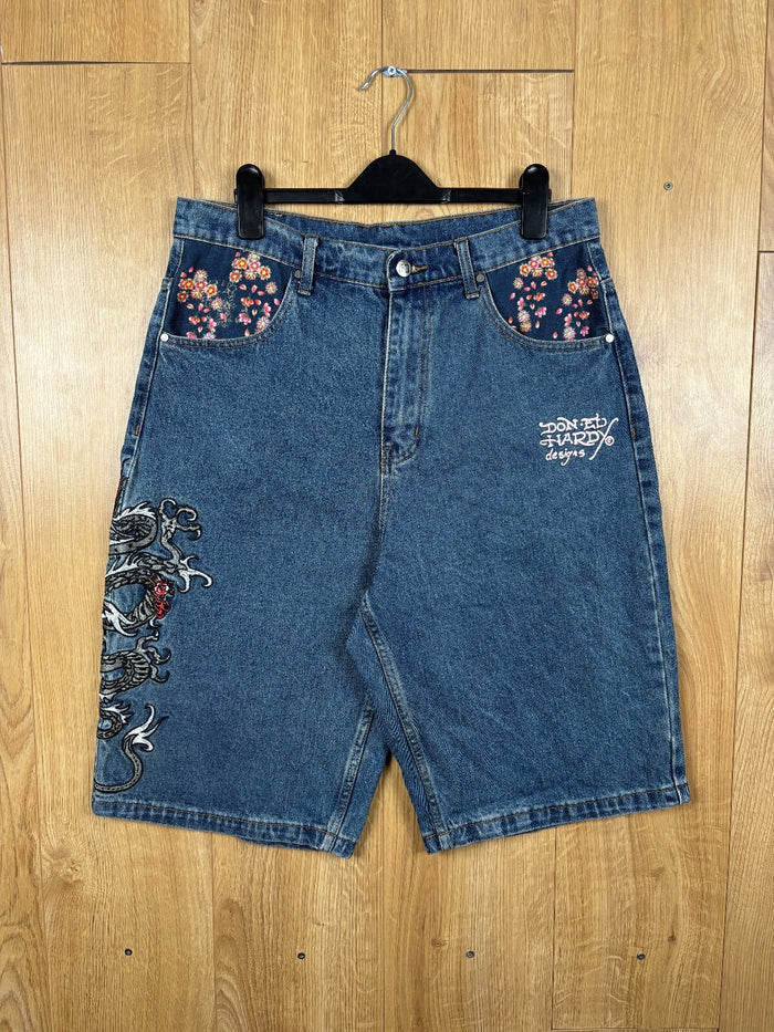 Ed Hardy Denim Shorts Blue Embroidered Dragon Graphic Baggy Size L