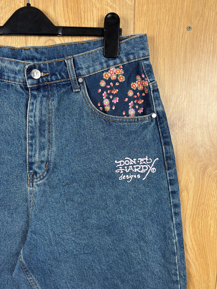 Ed Hardy Denim Shorts Blue Embroidered Dragon Graphic Baggy Size L