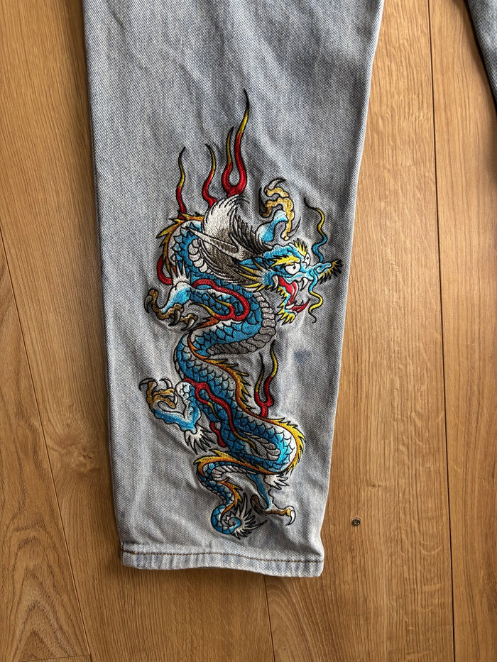 Ed Hardy Dragon Embroidered Jeans Light Wash Baggy Denim W32 Y2K Tattoo