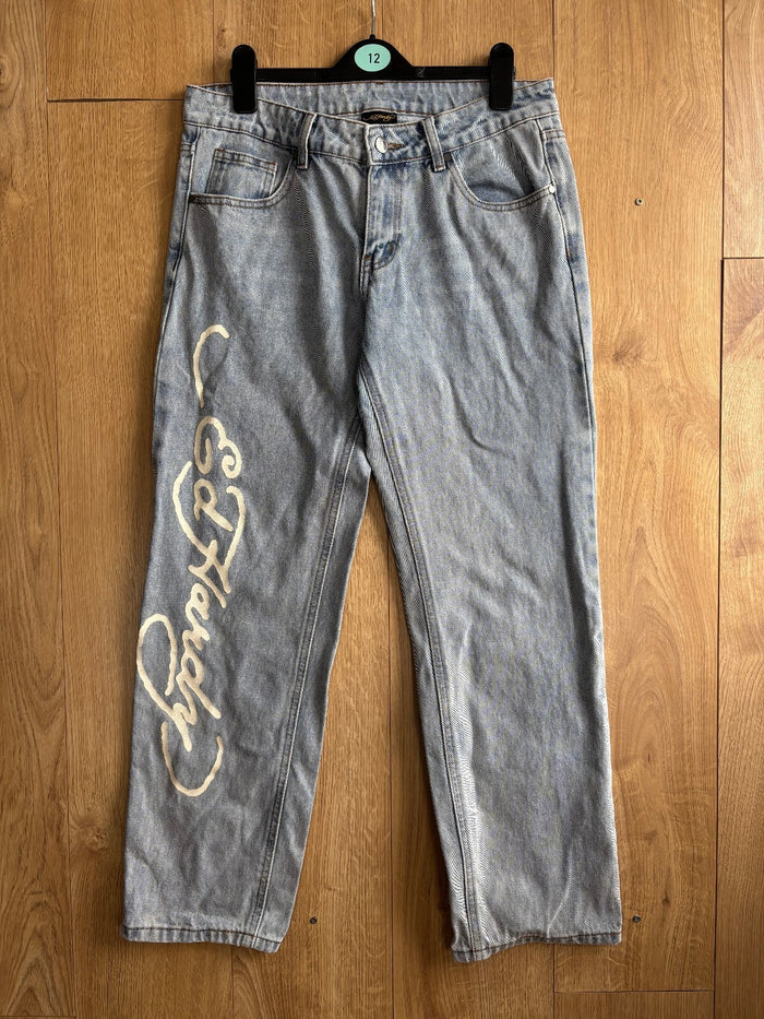 Ed Hardy Dragon Embroidered Jeans Light Wash Baggy Denim W32 Y2K Tattoo