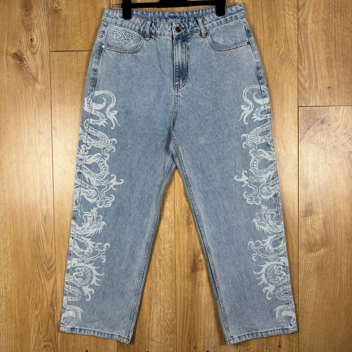 Ed Hardy Dragon Jeans W32 Baggy Light Blue Y2K Denim Embroidered Streetwear