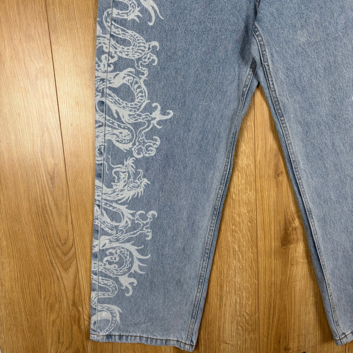 Ed Hardy Dragon Jeans W32 Baggy Light Blue Y2K Denim Embroidered Streetwear