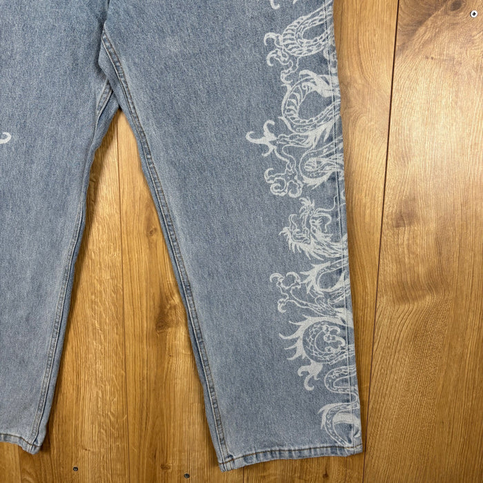 Ed Hardy Dragon Jeans W32 Baggy Light Blue Y2K Denim Embroidered Streetwear