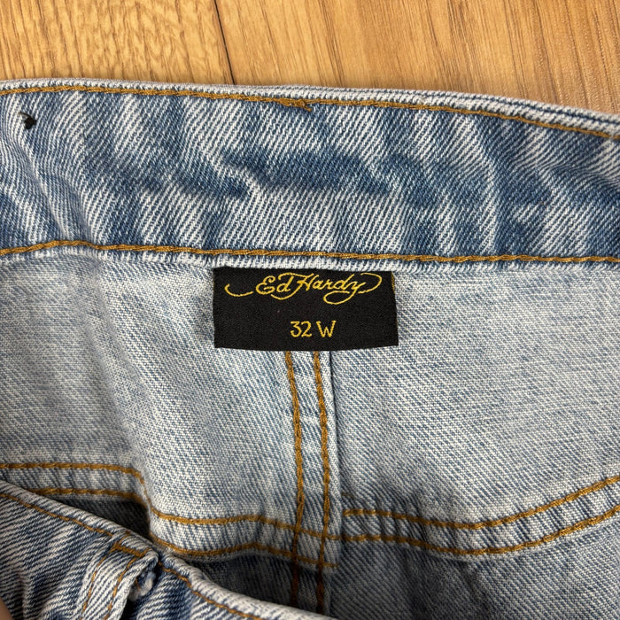 Ed Hardy Dragon Jeans W32 Baggy Light Blue Y2K Denim Embroidered Streetwear