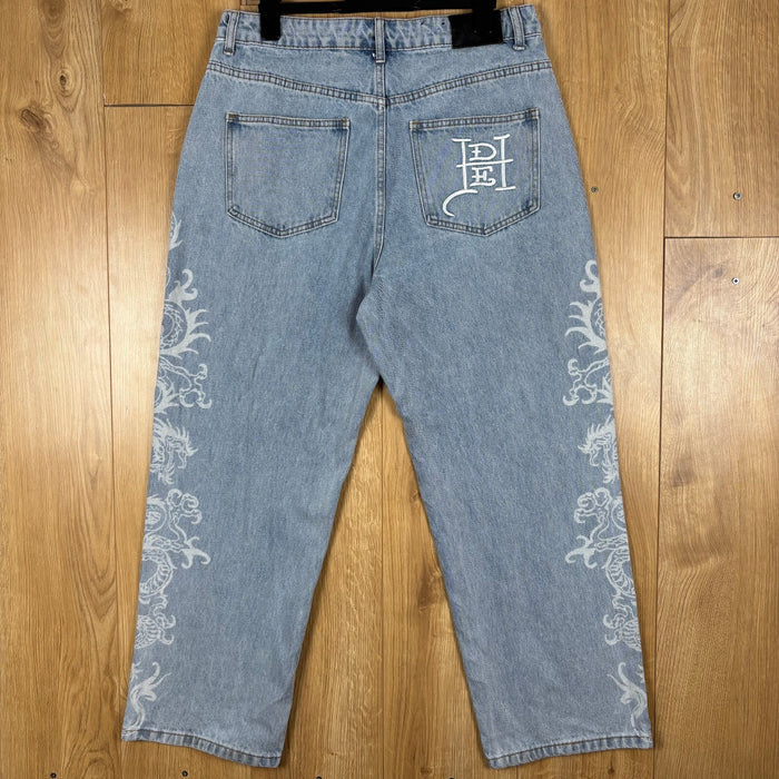 Ed Hardy Dragon Jeans W32 Baggy Light Blue Y2K Denim Embroidered Streetwear