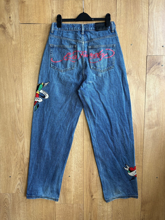 Ed Hardy Embroidered Baggy Jeans Blue Y2K Wide Leg Heart Tattoo Denim Large