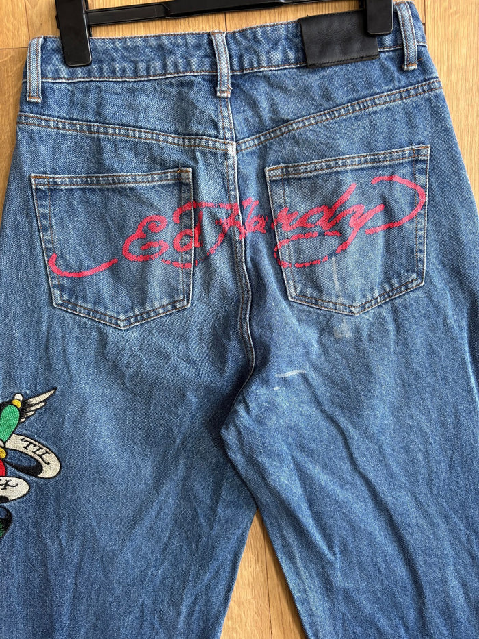 Ed Hardy Embroidered Baggy Jeans Blue Y2K Wide Leg Heart Tattoo Denim Large