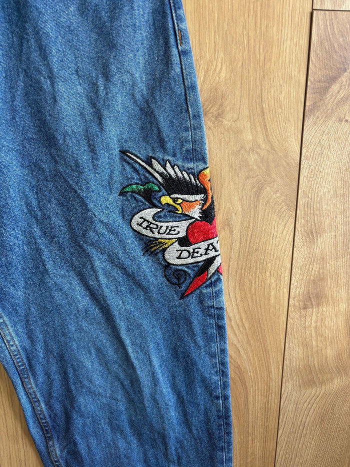 Ed Hardy Embroidered Baggy Jeans Blue Y2K Wide Leg Heart Tattoo Denim Large