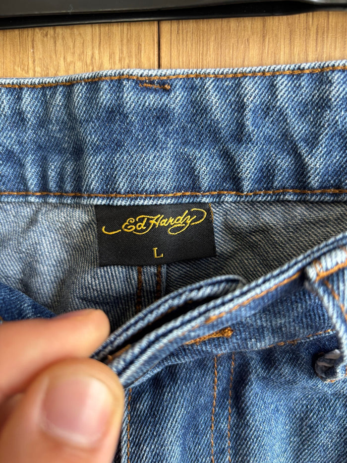 Ed Hardy Embroidered Baggy Jeans Blue Y2K Wide Leg Heart Tattoo Denim Large