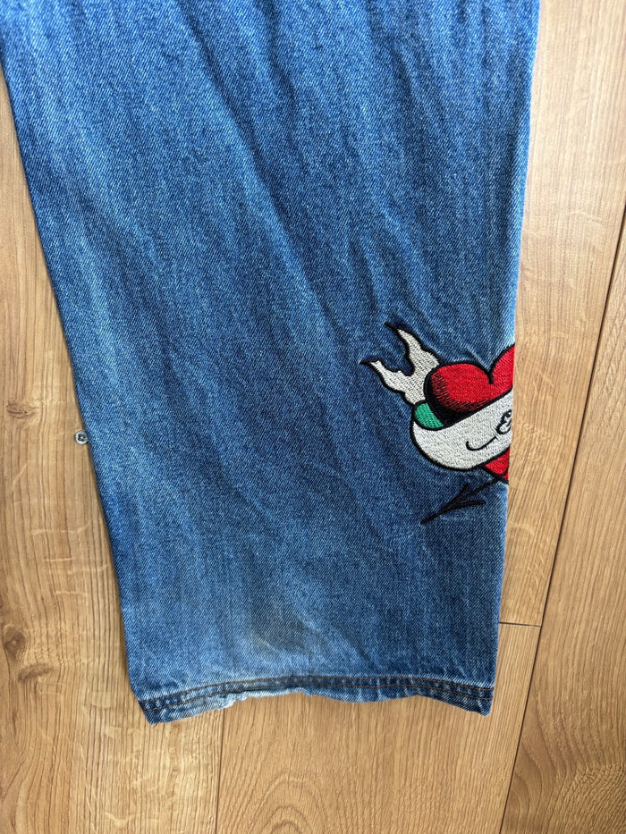 Ed Hardy Embroidered Baggy Jeans Blue Y2K Wide Leg Heart Tattoo Denim Large