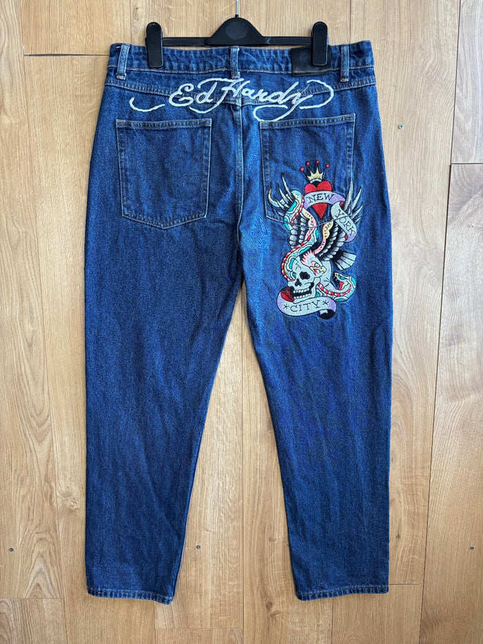 Ed Hardy Embroidered Jeans Blue New York City Skull Eagle Y2K Baggy W34