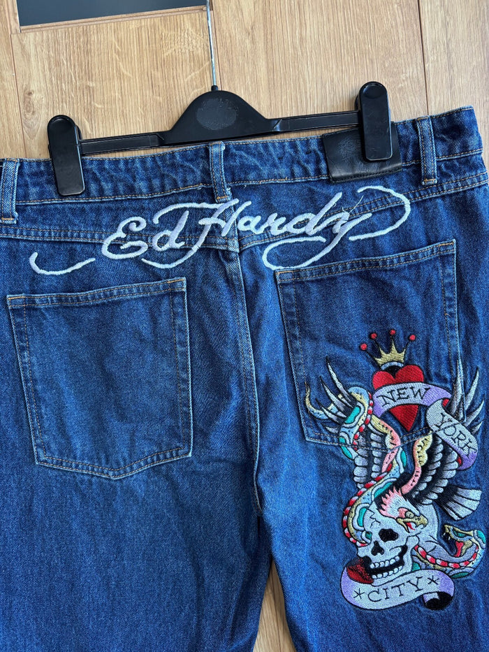 Ed Hardy Embroidered Jeans Blue New York City Skull Eagle Y2K Baggy W34
