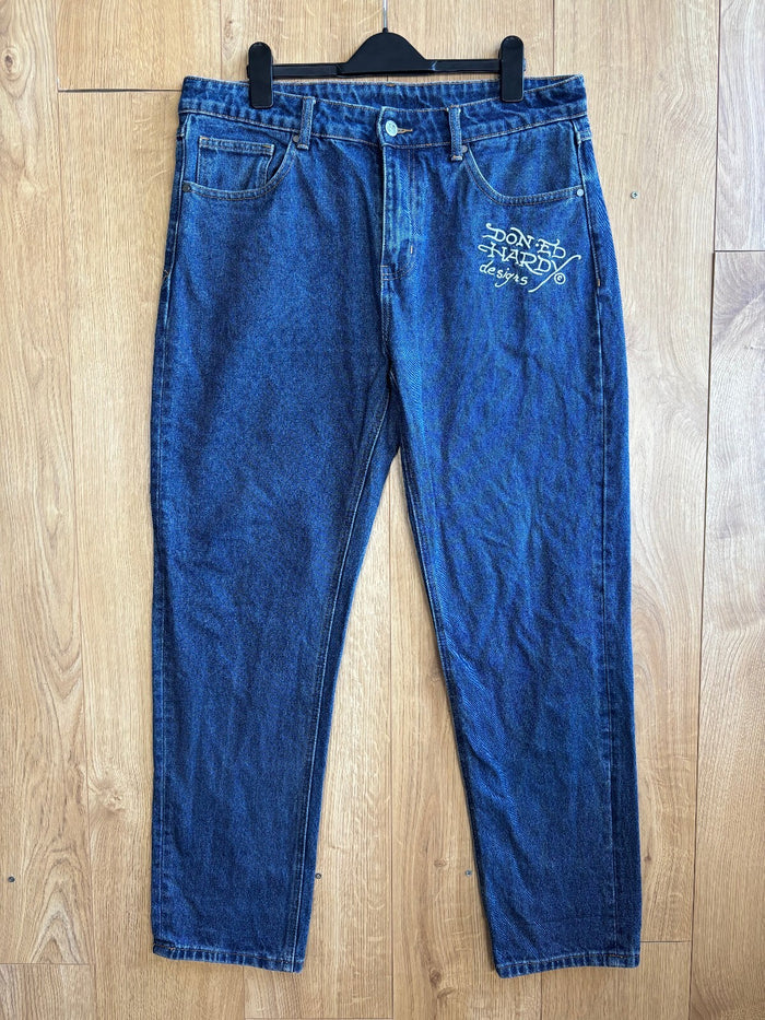 Ed Hardy Embroidered Jeans Blue New York City Skull Eagle Y2K Baggy W34