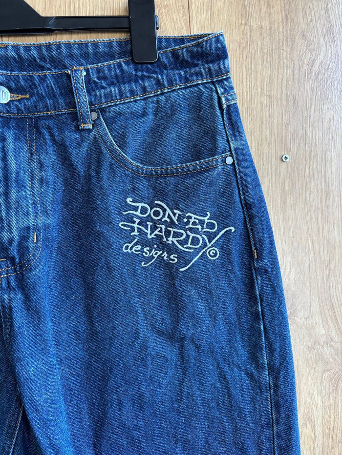 Ed Hardy Embroidered Jeans Blue New York City Skull Eagle Y2K Baggy W34