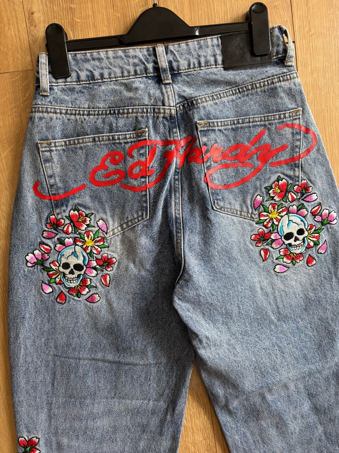 Ed Hardy Floral Skull Embroidered Jeans Light Wash Baggy W28 Y2K