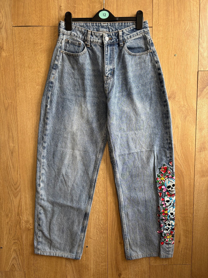 Ed Hardy Floral Skull Embroidered Jeans Light Wash Baggy W28 Y2K
