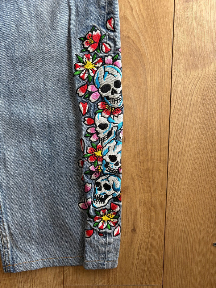 Ed Hardy Floral Skull Embroidered Jeans Light Wash Baggy W28 Y2K