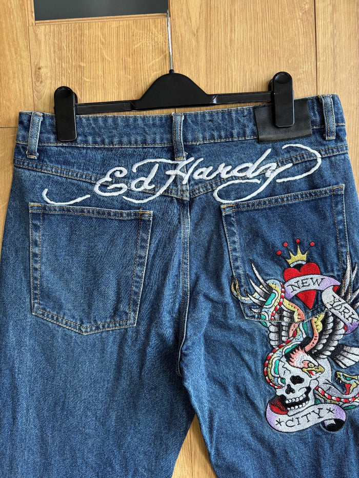 Ed Hardy New York City Embroidered Jeans Blue Skull Snake Eagle Denim W32 Y2K