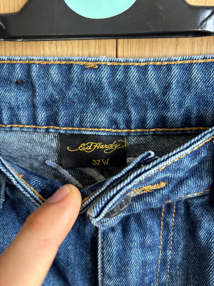 Ed Hardy New York City Embroidered Jeans Blue Skull Snake Eagle Denim W32 Y2K