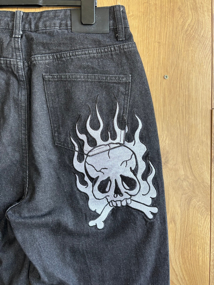 Ed Hardy Skull Flame Baggy Jeans W32 Black Denim Y2K Embroidered Graphic